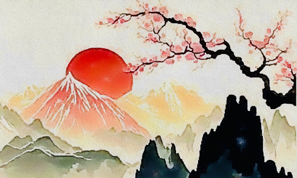 Pintura de paisaje japonesa del monte Fuji con sol rojo y flores de cerezo: arte japonés tradicional célebre