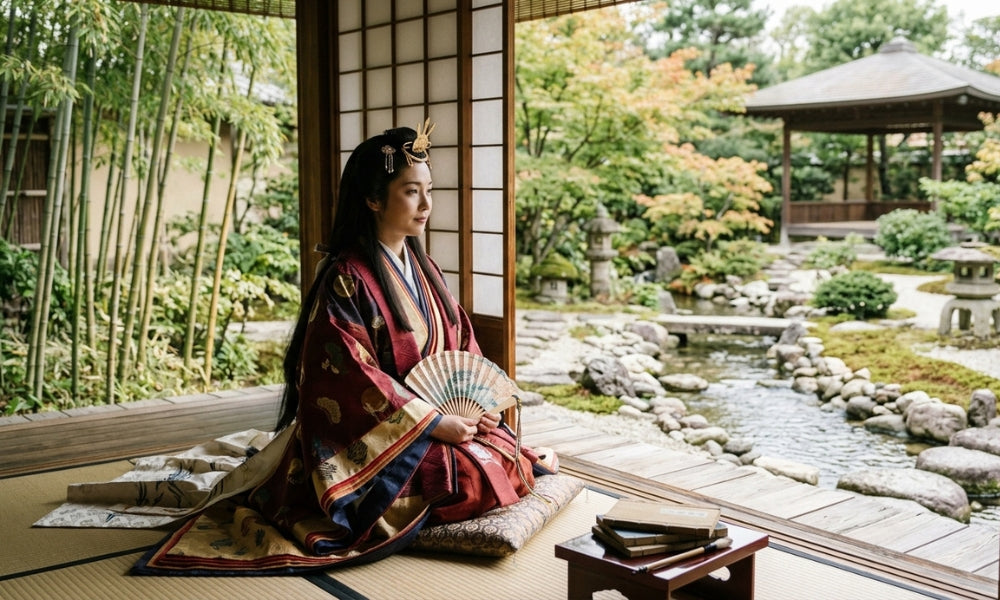 Mujer con kimono tradicional y abanico ante un jardín japonés, evocando a la princesa Kaguya