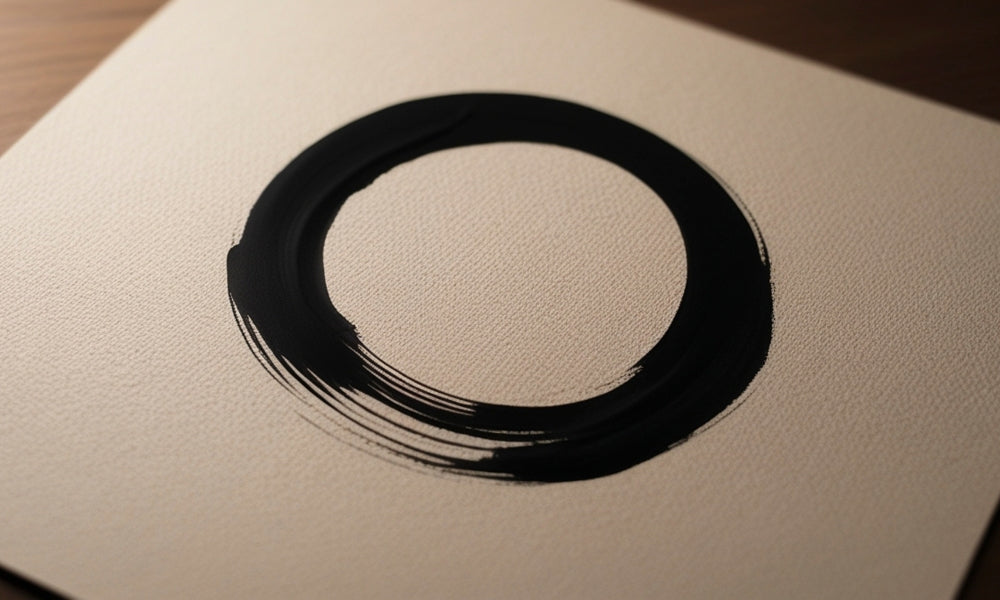 Círculo ensō de arte zen japonés pintado a tinta negra con una sola pincelada sobre papel texturado
