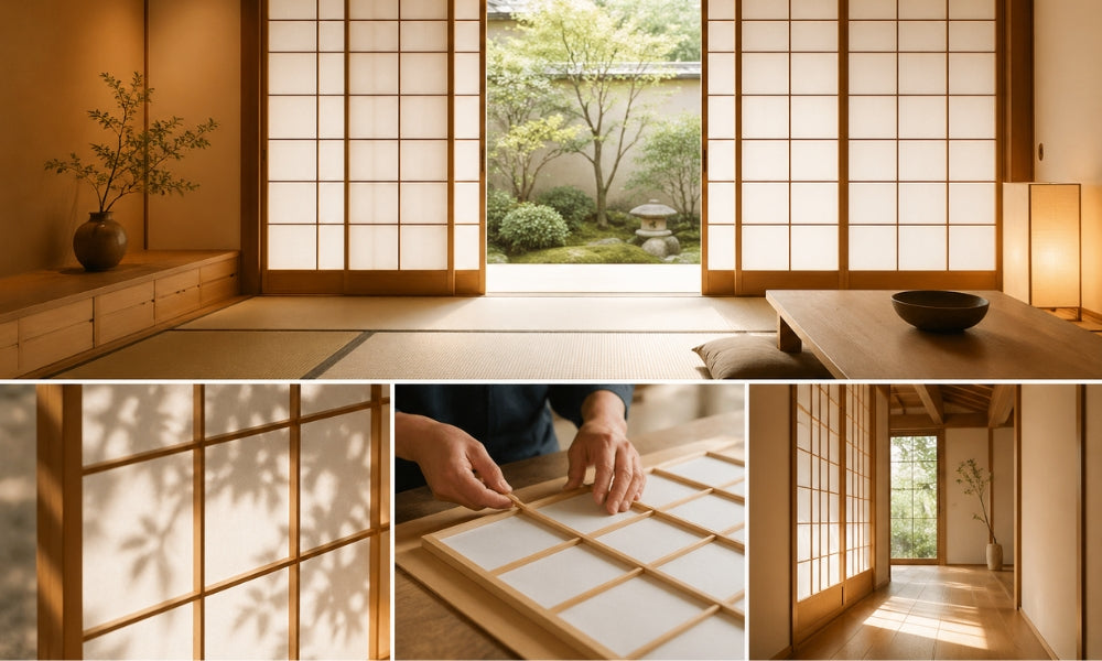 Panel shoji japonés: pantalla corredera de papel washi translúcido sobre celosía de madera kumiko