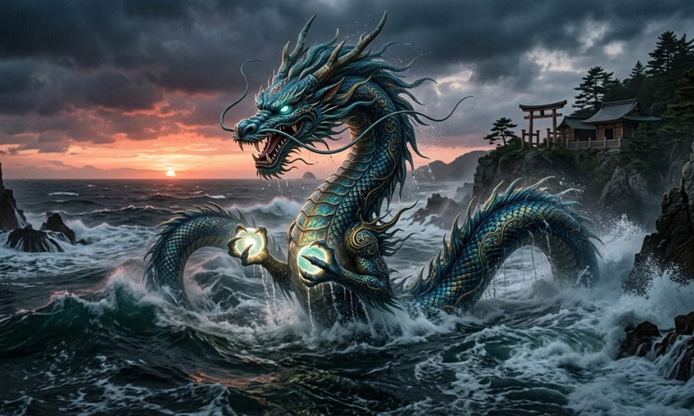 Ryūjin, el dios dragón japonés del mar, emergiendo de las olas ante un torii al atardecer