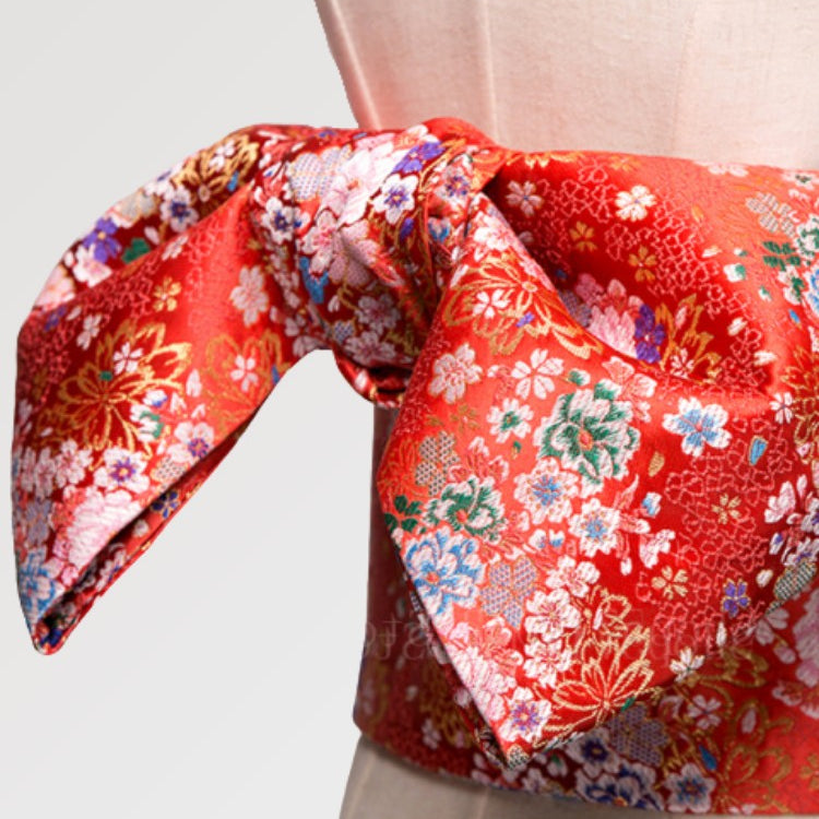 Cinturón obi rojo para mujer con estampado floral y satinado para tu kimono japonés