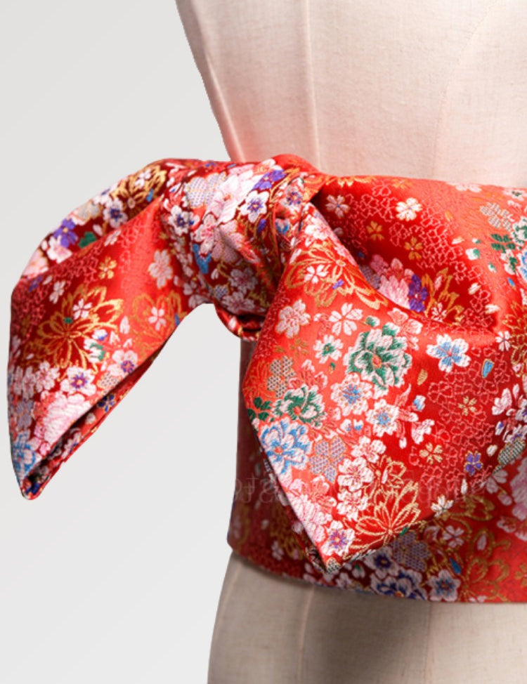 Cinturón obi rojo para mujer con estampado floral y satinado para tu kimono japonés