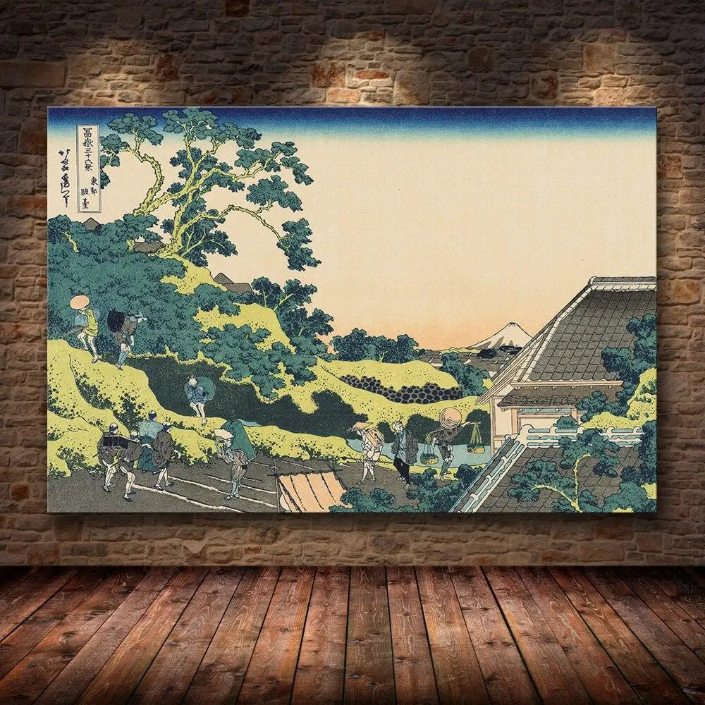 Grabado japonés de un mapa con árboles en flor y artesanos cosechando arrozales