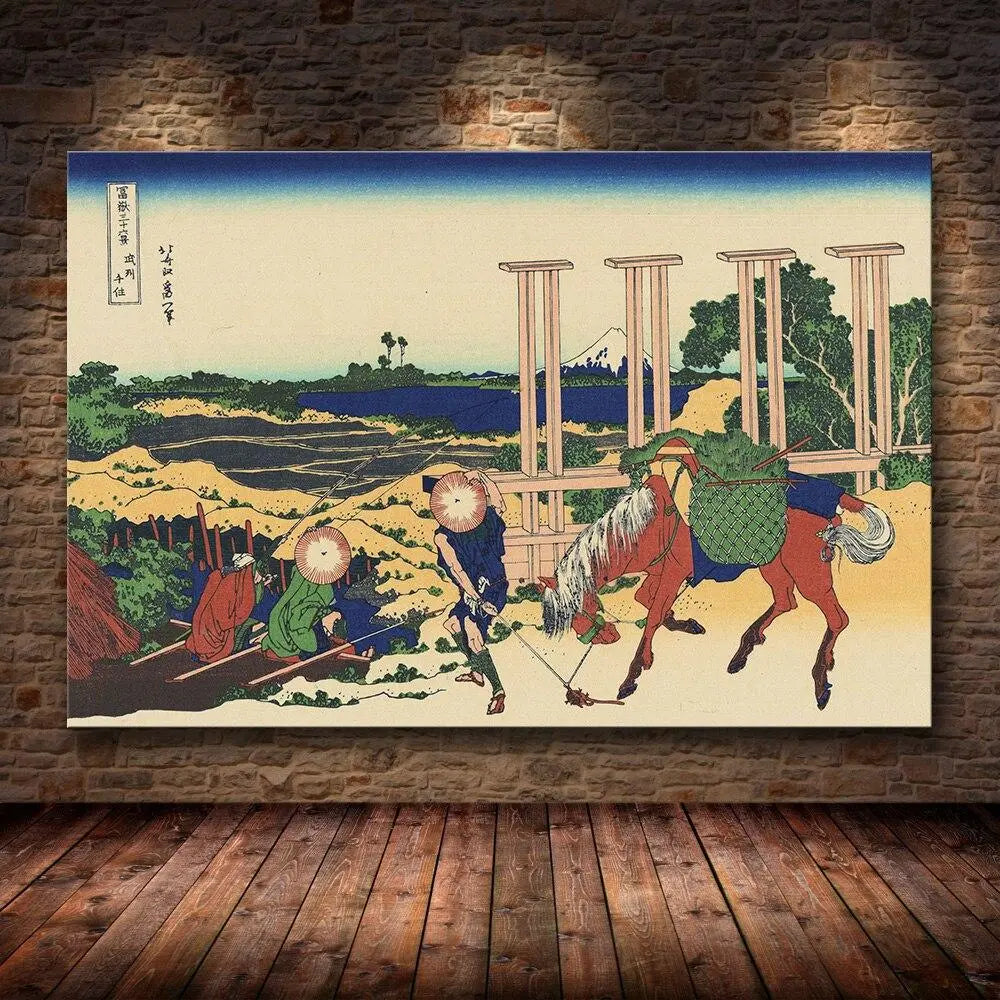 Estampa japonesa de un caballo ayudando a transportar la cosecha