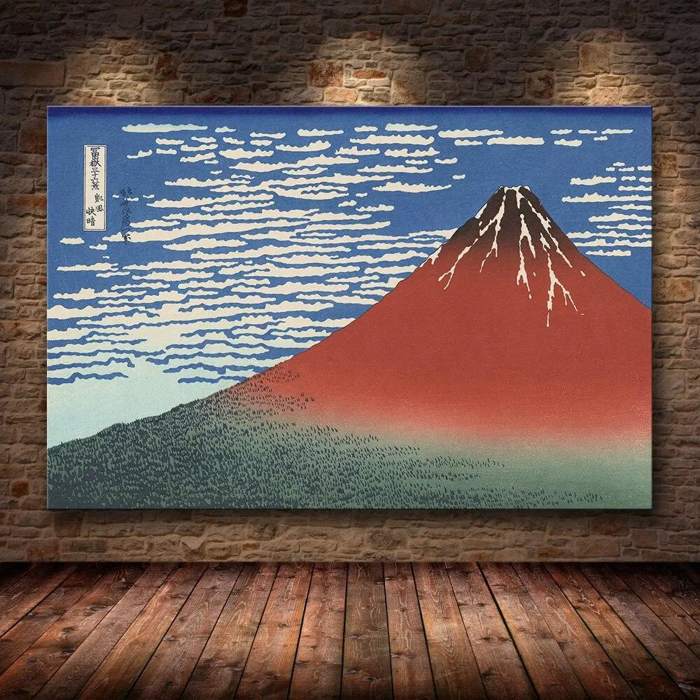 Grabado japonés del artista Hokusai que muestra una vista apocalíptica del monte Fuji.