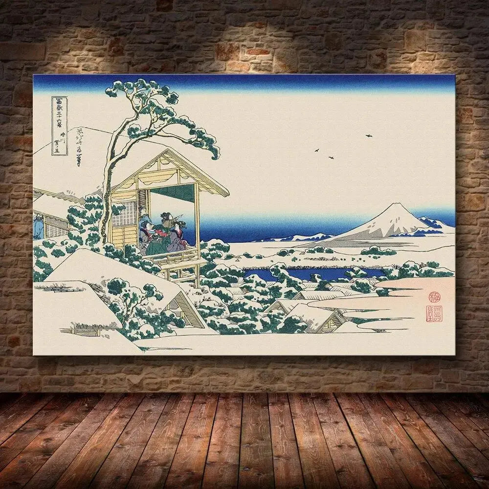 Estampa japonesa bajo la nieve descolgando una de las famosas vistas del monte Fuji