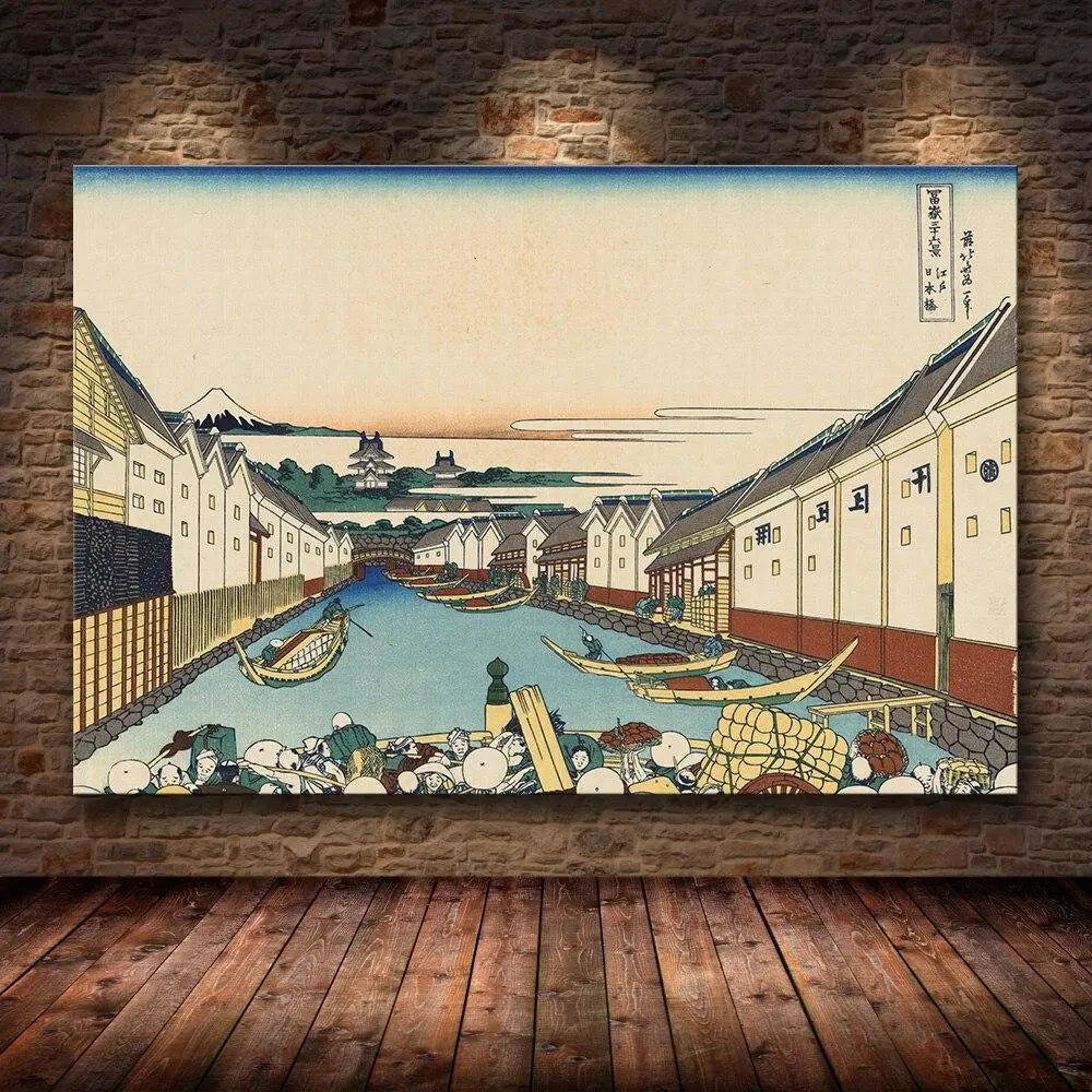 Grabado original japonés que representa el canal Ishigo y sus barcos