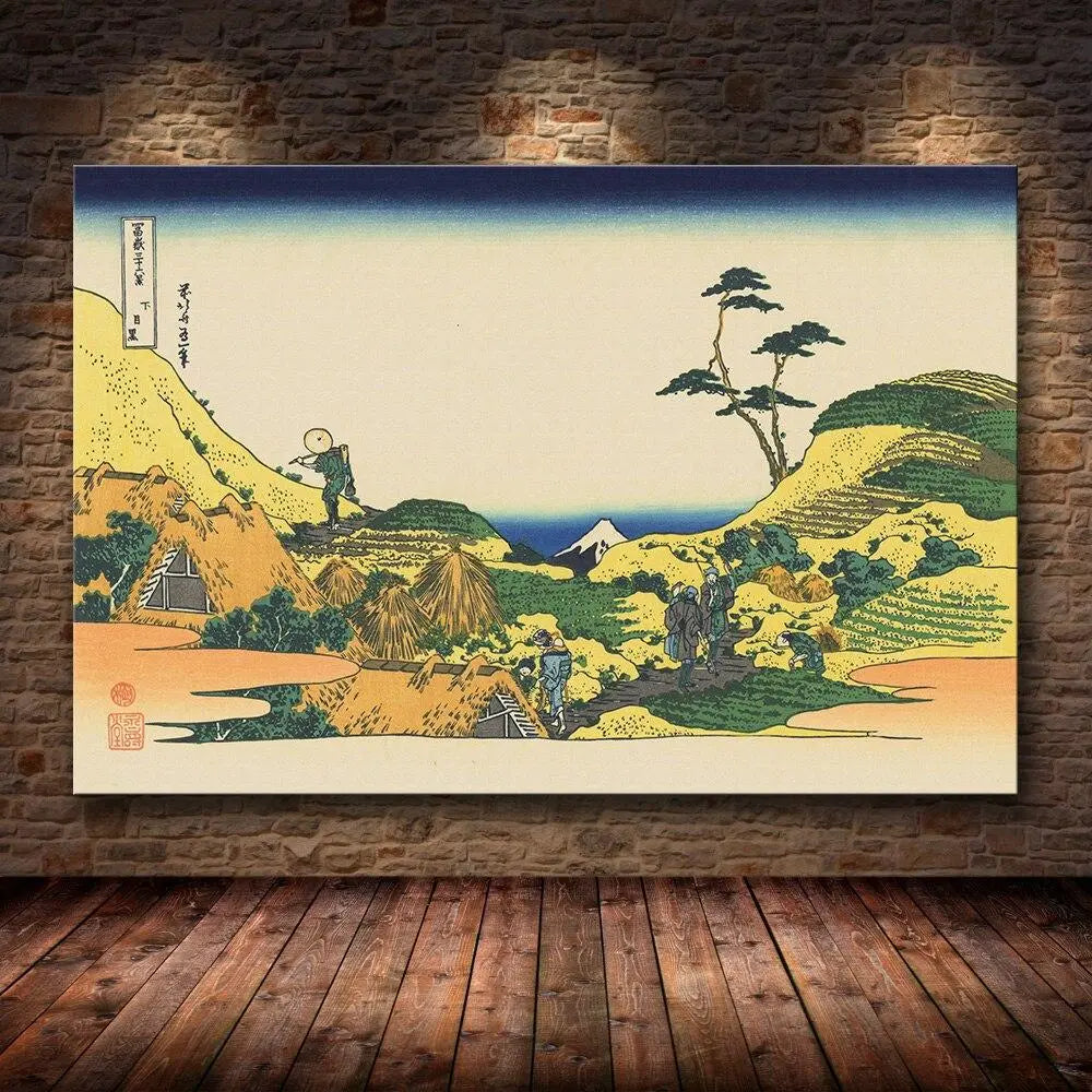 Famoso grabado japonés de un paisaje cultural del Japón del periodo Edo