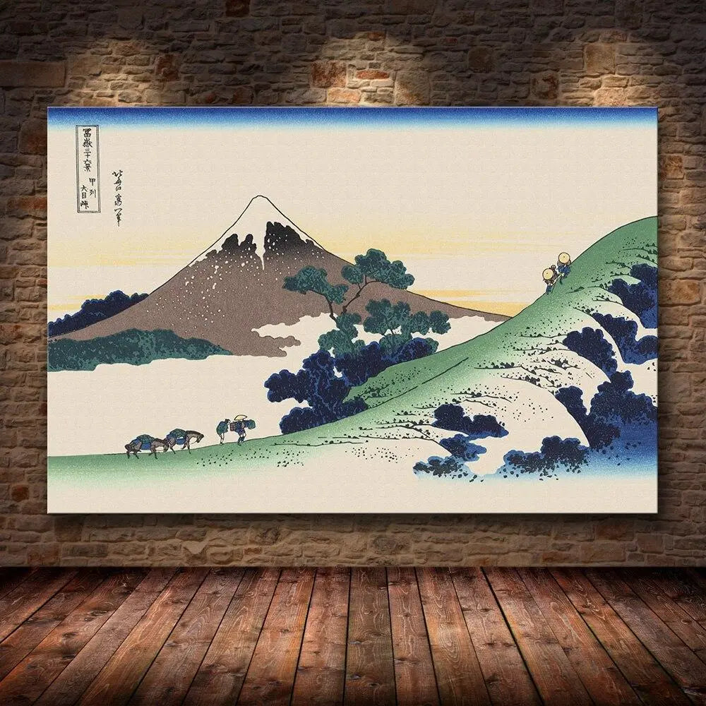 Grabado japonés que muestra otra vista del monte Fuji en un paisaje montañoso