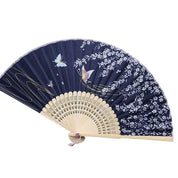 Abanico japonés sensu de madera Ebino marino profundo con sakura blanco y mariposas Ropa Japonesa