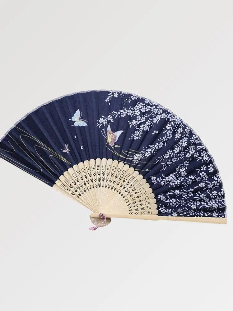 Abanico japonés sensu de madera Ebino marino profundo con sakura blanco y mariposas Ropa Japonesa