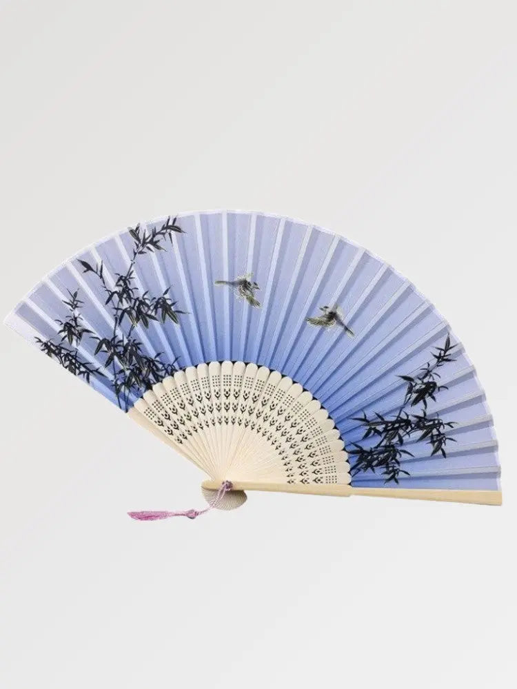 Abanico japonés sensu de papel Hurihara azul claro con bambúes negros y pájaros en vuelo Ropa Japonesa