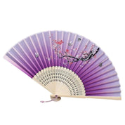 Abanico japonés sensu de tela Tsushima violeta degradado con sakura rojo y mariposas Ropa Japonesa