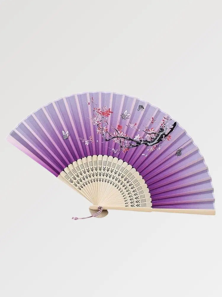 Abanico japonés sensu de tela Tsushima violeta degradado con sakura rojo y mariposas Ropa Japonesa