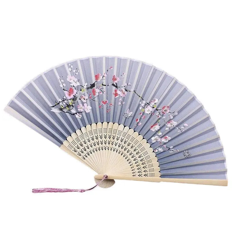 Abanico japonés sensu de madera Sakura gris-azul con rama de sakura rosa y blanca Ropa Japonesa