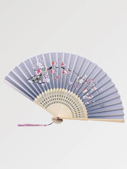 Abanico japonés sensu de madera Sakura gris-azul con rama de sakura rosa y blanca Ropa Japonesa