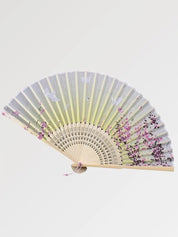 Abanico japonés sensu Geisha amarillo pastel con glicinas púrpuras y mariposas Ropa Japonesa