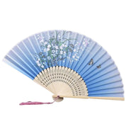 Abanico japonés sensu Miyazu azul claro con orquídeas blancas y mariposas Ropa Japonesa