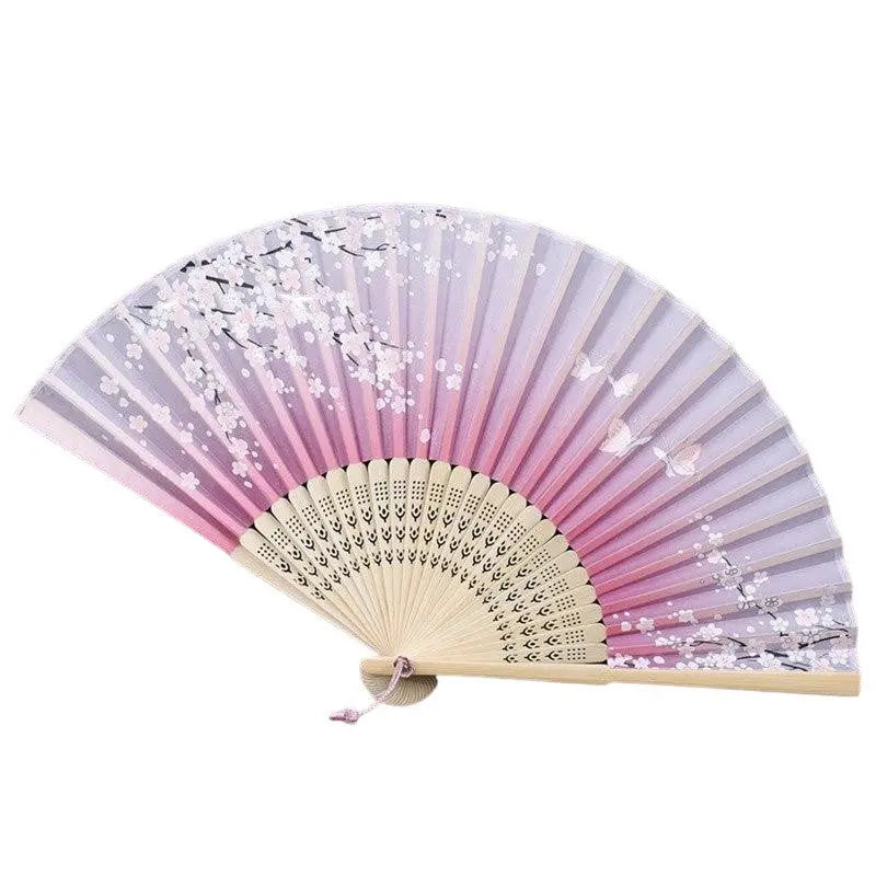 Abanico japonés sensu Yori degradado rosa-violeta con sakura y mariposas en espiral Ropa Japonesa