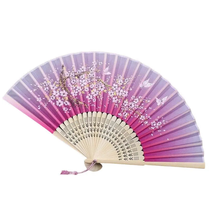 Abanico japonés sensu Miyoshi degradado violeta fucsia con cerezo y mariposas Ropa Japonesa