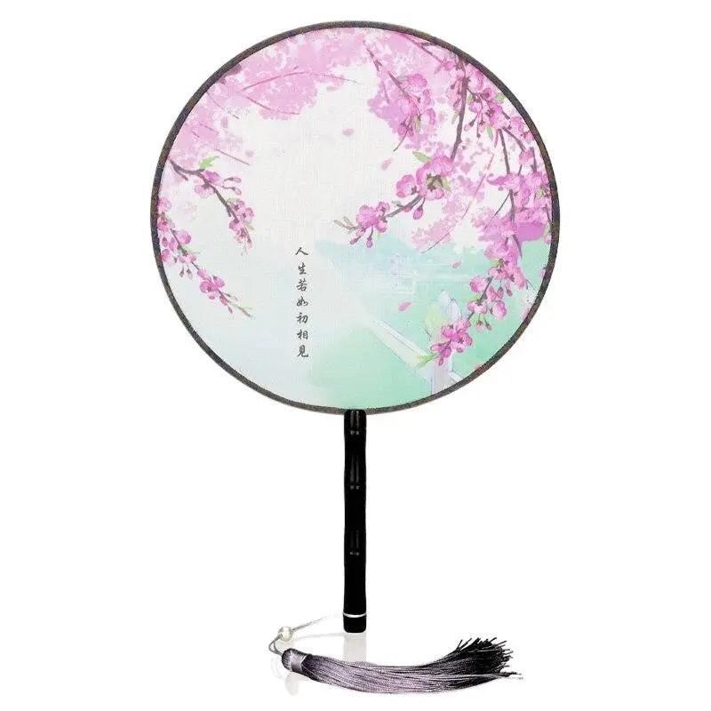 Abanico japonés uchiwa redondo Tahara con sakura rosas y caligrafía poética Ropa Japonesa