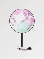 Abanico japonés uchiwa redondo Tahara con sakura rosas y caligrafía poética Ropa Japonesa