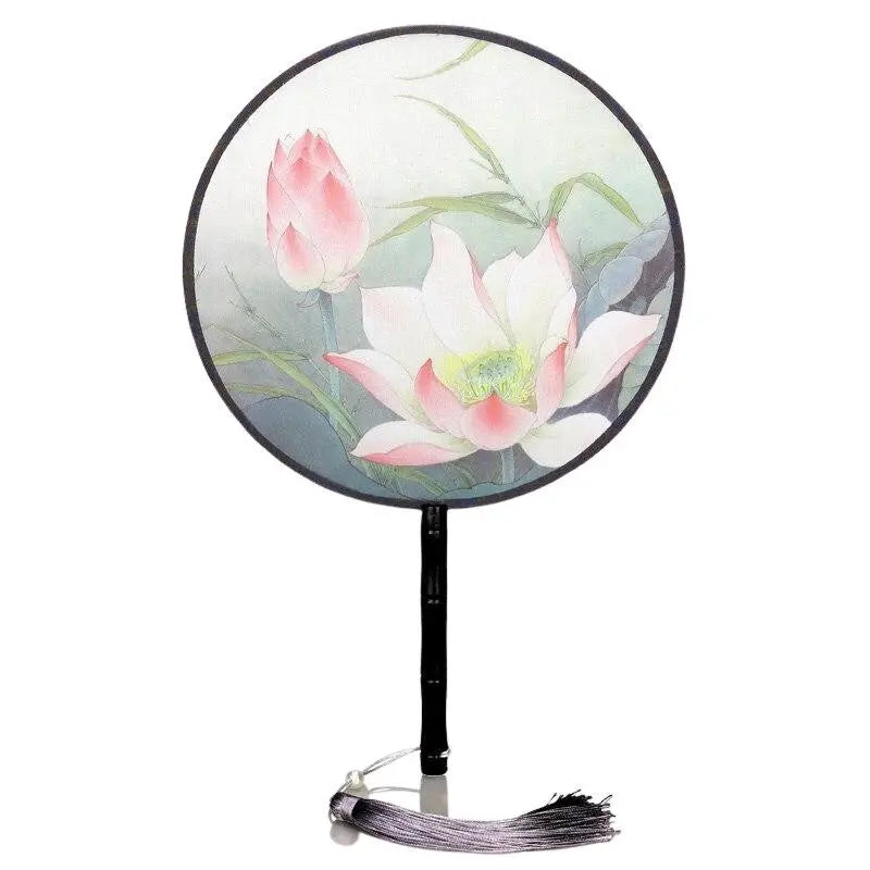 Abanico japonés uchiwa redondo Ebiko con lotos rosas florecientes sobre estanque estilizado Ropa Japonesa
