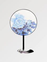 Abanico japonés uchiwa redondo Aisai blanco con peonías azules majestuosas Ropa Japonesa