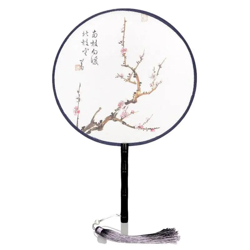 Abanico japonés uchiwa redondo Nagano blanco con un ciruelo en flores y caligrafía Ropa Japonesa