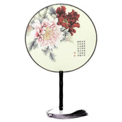 Abanico japonés uchiwa redondo Nisshin blanco con peonías rojas y rosas majestuosas Ropa Japonesa