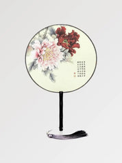Abanico japonés uchiwa redondo Nisshin blanco con peonías rojas y rosas majestuosas Ropa Japonesa