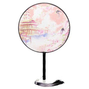 Abanico japonés uchiwa redondo Toyoake rosa con un templo, sakura y golondrinas Ropa Japonesa