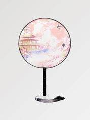 Abanico japonés uchiwa redondo Toyoake rosa con un templo, sakura y golondrinas Ropa Japonesa