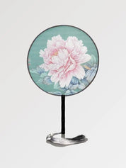 Abanico japonés uchiwa redondo Yatomi verde agua con una peonía rosa floreciente Ropa Japonesa