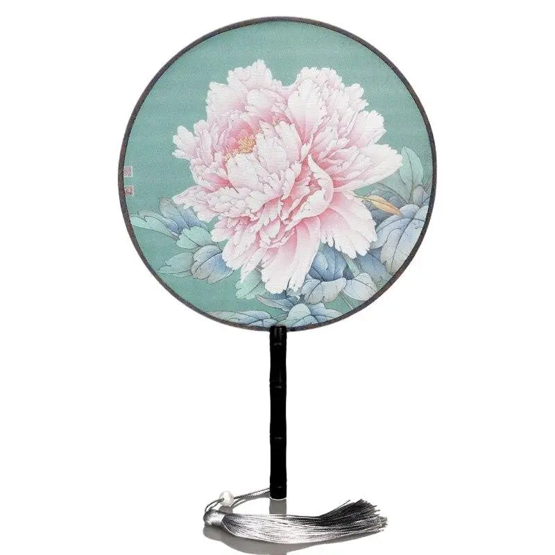 Abanico japonés uchiwa redondo Yatomi verde agua con una peonía rosa floreciente Ropa Japonesa