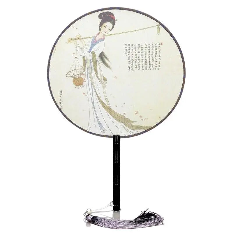 Abanico japonés uchiwa tradicional Kanji con una dama con cesta y caligrafía clásica Ropa Japonesa