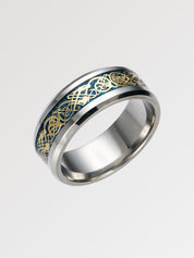 Anillo japonés asiático Ringshine con dragón celta dorado sobre incrustación azul con destellos Ropa Japonesa
