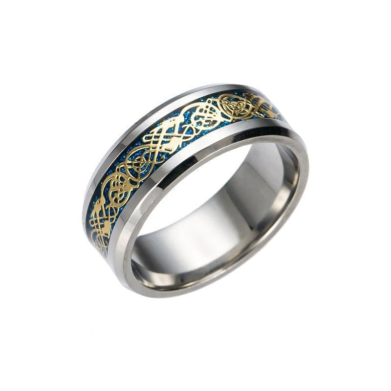 Anillo japonés asiático Ringshine con dragón celta dorado sobre incrustación azul con destellos Ropa Japonesa