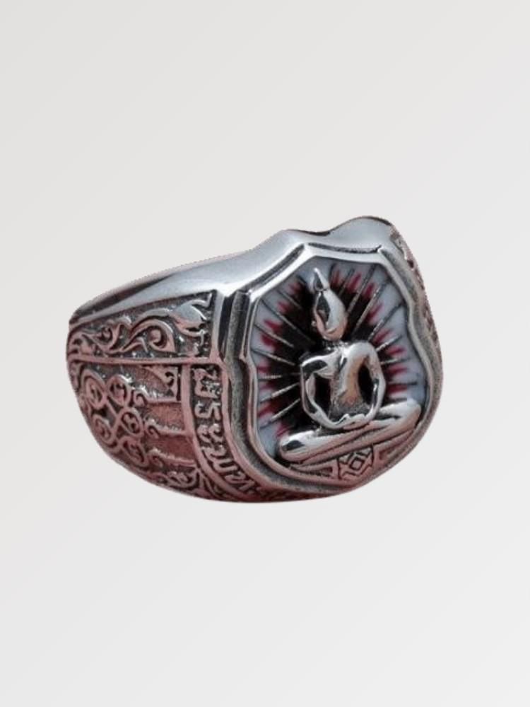 Anillo japonés budista Kainan con Buda meditando en escudo cobrizo sobre plata Ropa Japonesa
