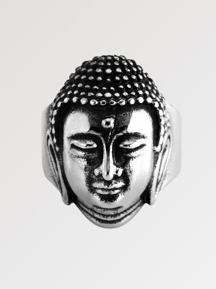 Anillo japonés Buda Matokoya con cabeza de Buda esculpida en relieve 3D sobre plata Ropa Japonesa