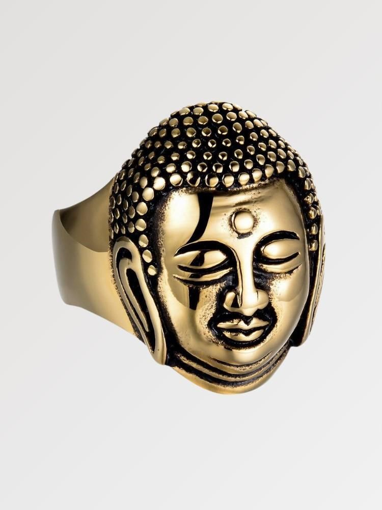 Anillo japonés Buda Matokoya con cabeza de Buda esculpida en relieve 3D sobre plata Ropa Japonesa