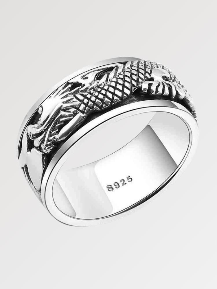 Anillo japonés del dragón Chojin enrollado esculpido sobre plata S925 Ropa Japonesa