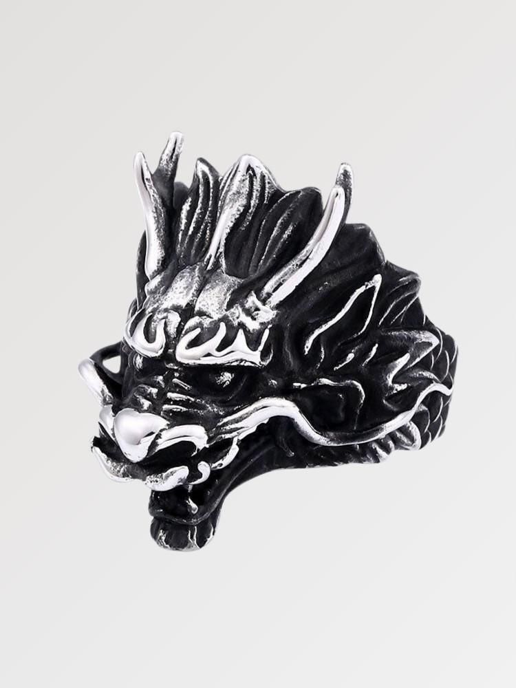 Anillo japonés del dragón Sephiro con cabeza de dragón en volumen 3D sobre acero inoxidable Ropa Japonesa
