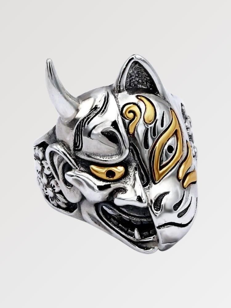 Anillo demoníaco Yokai con doble máscara hannya y kitsune fusionada sobre plata Ropa Japonesa