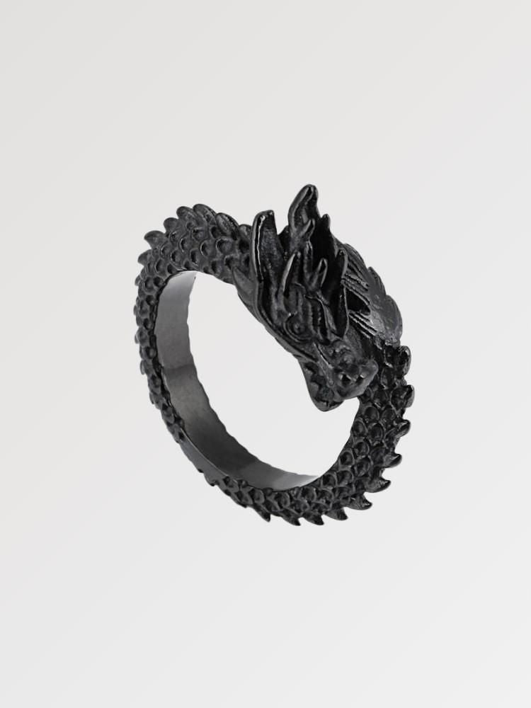 Anillo japonés del dragón chino Huanglong enrollado en plata oxidada Ropa Japonesa
