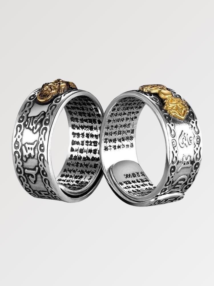 Anillo japonés dúo de pareja Kingu con pixiu dorado y Sūtra del Corazón grabado Ropa Japonesa