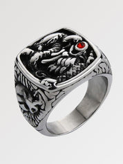 Anillo japonés Chevalière sortija de sello con dragón en alto relieve y ojo de rubí sintético Ropa Japonesa