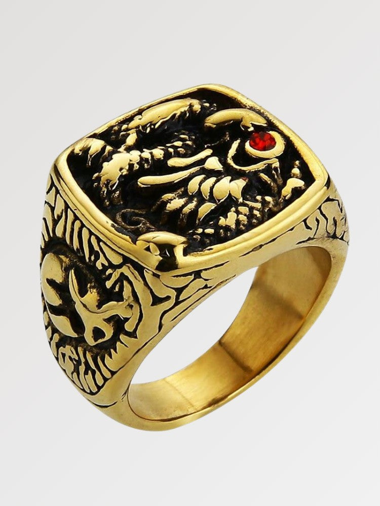 Anillo japonés Chevalière sortija de sello con dragón en alto relieve y ojo de rubí sintético Ropa Japonesa