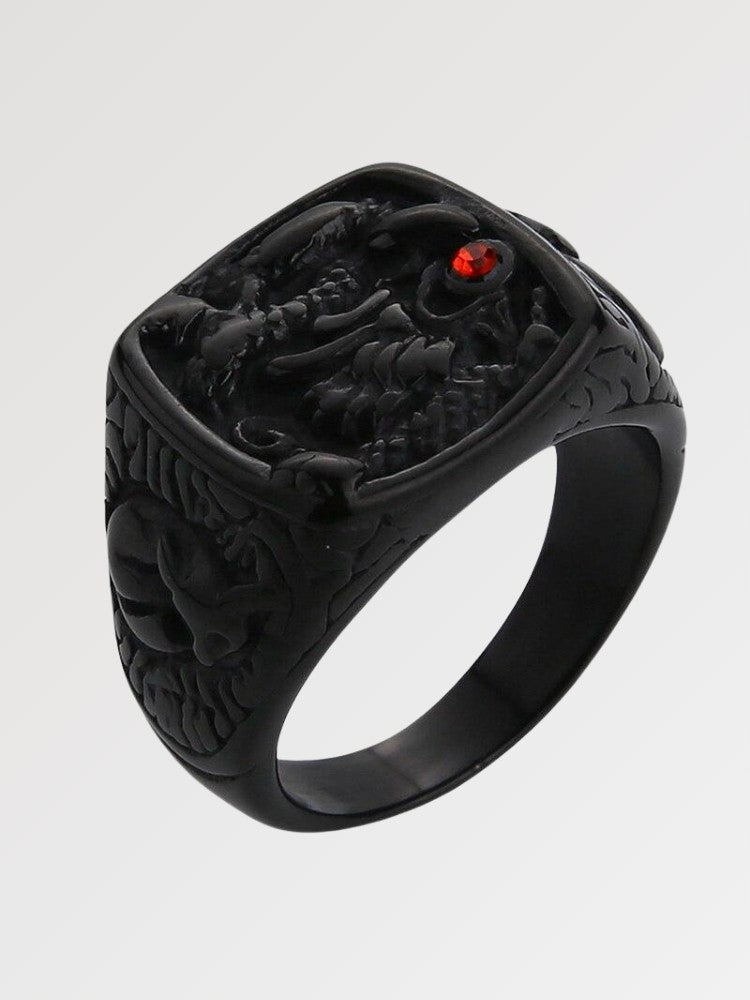 Anillo japonés Chevalière sortija de sello con dragón en alto relieve y ojo de rubí sintético Ropa Japonesa